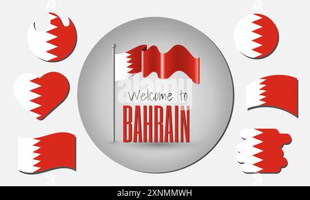Waving flag of Bahrain in vector with the inscription Welcome to Bahrain! Different versions of the flag in the shape of a heart, circle, arc, etc. Stock Vector
