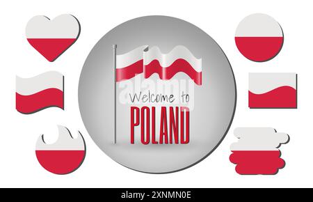 Waving flag of Poland in vector with the inscription Welcome to Poland! Different versions of the flag in the shape of a heart, circle, arc, etc. Stock Vector
