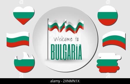 Waving flag of Bulgaria in vector with the inscription Welcome to Bulgaria! Different versions of the flag in the shape of a heart, circle, arc, etc. Stock Vector