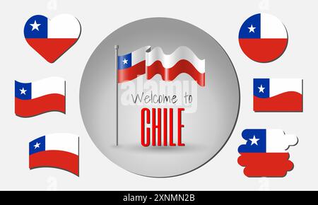Waving flag of Chile in vector with the inscription Welcome to Chile! Different versions of the flag in the shape of a heart, circle, arc, etc. Stock Vector