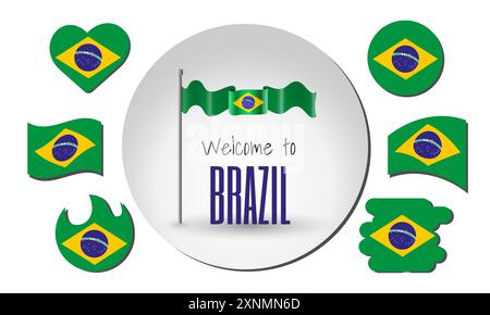 Waving flag of Brazil in vector with the inscription Welcome to Brazil! Different versions of the flag in the shape of a heart, circle, arc, etc. Stock Vector