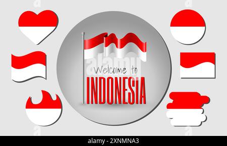 Waving flag of Indonesia in vector with the inscription Welcome to Indonesia! Different versions of the flag in the shape of a heart, circle, arc, etc Stock Vector