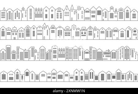 Urban Abstract background. Set of Amsterdam style houses. Laser cut silhouette. Stylized facades of buildings in old European view Stock Vector