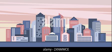 Urban buildings and city architecture. Сityscape with sky at sunset or sunrise. Vector illustration. Stock Vector