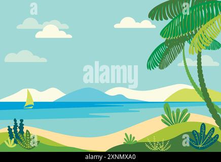 Tropical background  - landscape with beach, palm trees, plants - background Stock Vector