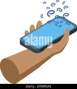Hand holding a smartphone with email symbols appearing from the screen, in isometric view Stock Vector