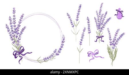 Vector illustration set of lavender flowers, bouquet, wreath and elements of design for greeting card on white background in retro flat style, provenc Stock Vector