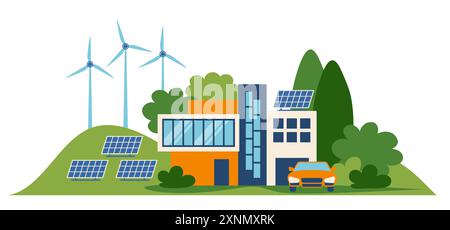 Green energy concept. Suburban house, solar panels and wind turbines ...