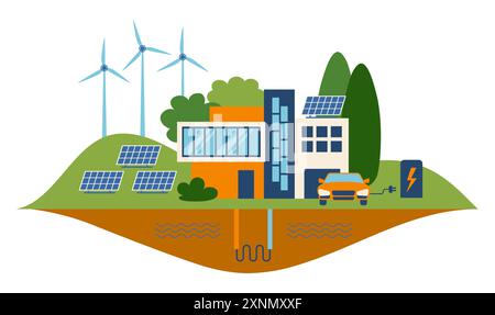 Green energy concept. Suburban house, solar panels and wind turbines Stock Vector