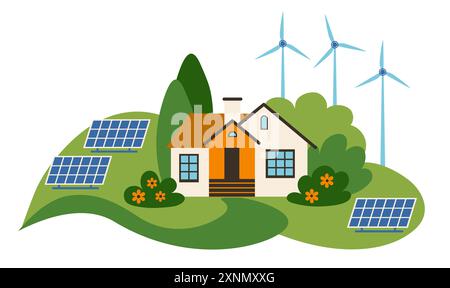 Green energy concept. Suburban house, solar panels and wind turbines Stock Vector