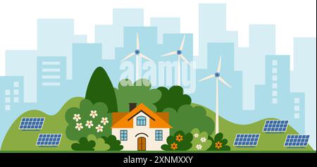 Green energy concept. Suburban house, solar panels and wind turbines Stock Vector