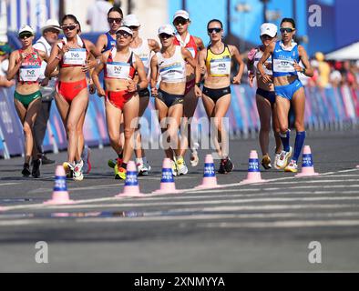 Paris, France. 1st Aug, 2024. Athletes compete during the women's 20km race walk of athletics at the Paris 2024 Olympic Games in Paris, France, Aug. 1, 2024. Credit: Li Jing/Xinhua/Alamy Live News Stock Photo