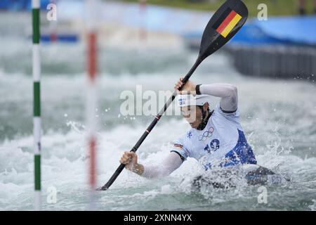 Vaires Sur Marne, France. 01st Aug, 2024. Noah HEGGE of Team Germany competes during the Canoe Slalom Men's Kayak Single Final on day six of the Paris 2024 Summer Olympic Games at Vaires-Sur-Marne Nautical Stadium on August 01, 2024 in Vaires-Sur-Marne, France. Photo by Nicolas Gouhier/ABACAPRESS.COM Credit: Abaca Press/Alamy Live News Stock Photo