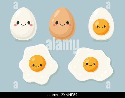 Vector Egg Character Set. Cute Eggs in Kawaii Cartoon Style. Boiled and Fried Egg with Funny Cute Face Stock Vector