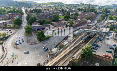 Aerial view Macclesfield  a train works into the station Stock Photo