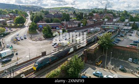 Aerial view Macclesfield  a train works into the station Stock Photo