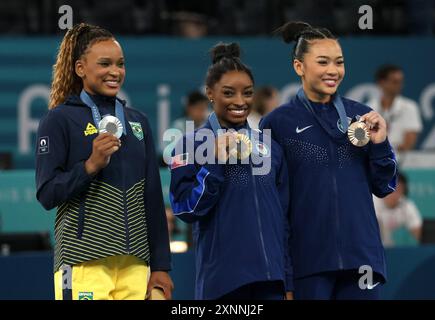 Paris, France. 01st Aug, 2024. Paris, France. August 1st 2024. (left to right) Silver medalist Brazil's Rebeca Andrade, gold medalist USA's Simone Biles and bronze medalist USA's Sunisa Lee receive their medals after the women's All-Around final. At the Bercy Arena during day six of the Paris Olympic Games 2024, Paris, France. Credit: Adam Stoltman/Alamy Live News Stock Photo