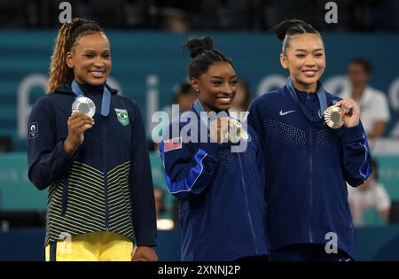 Paris, France. 01st Aug, 2024. Paris, France. August 1st 2024. (left to right) Silver medalist Brazil's Rebeca Andrade, gold medalist USA's Simone Biles and bronze medalist USA's Sunisa Lee receive their medals after the women's All-Around final. At the Bercy Arena during day six of the Paris Olympic Games 2024, Paris, France. Credit: Adam Stoltman/Alamy Live News Stock Photo