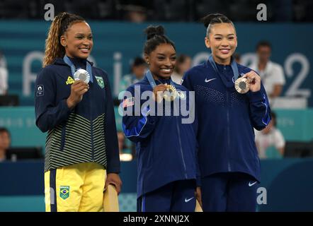 Paris, France. 01st Aug, 2024. Paris, France. August 1st 2024. (left to right) Silver medalist Brazil's Rebeca Andrade, gold medalist USA's Simone Biles and bronze medalist USA's Sunisa Lee receive their medals after the women's All-Around final. At the Bercy Arena during day six of the Paris Olympic Games 2024, Paris, France. Credit: Adam Stoltman/Alamy Live News Stock Photo