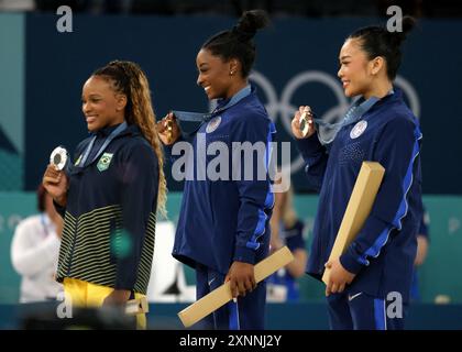 Paris, France. 01st Aug, 2024. Paris, France. August 1st 2024. (left to right) Silver medalist Brazil's Rebeca Andrade, gold medalist USA's Simone Biles and bronze medalist USA's Sunisa Lee receive their medals after the women's All-Around final. At the Bercy Arena during day six of the Paris Olympic Games 2024, Paris, France. Credit: Adam Stoltman/Alamy Live News Stock Photo