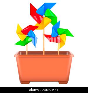 Pinwheels in flower pot, 3D rendering isolated on white background Stock Photo