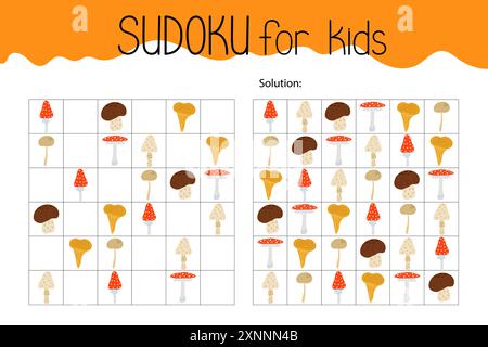Mushroom sudoku educational game or leisure activity worksheet illustration, printable grid to fill in missing images, autumn Thanksgiving topical vocabulary, puzzle with solution, teacher resources Stock Vector