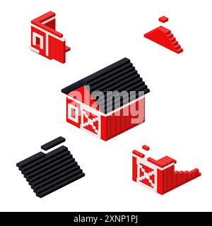 Construction of a red farm in isometry. Vector illustration Stock Vector