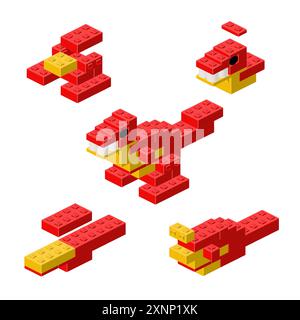 Construction of a red dinosaur in isometry. Vector illustration Stock Vector