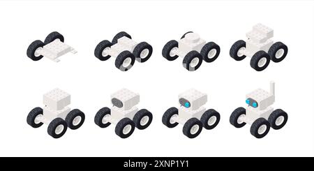 Step-by-step assembly of a white robot in isometry. Vector illustration Stock Vector