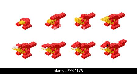 Step-by-step assembly of a dinosaur in isometry. Vector illustration Stock Vector