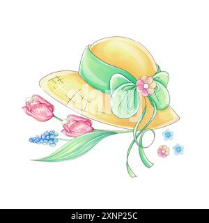 Watercolor headdress straw panama. Women garden cap. Romantic retro style. lovely artwork for Mothers Day. For printing, greeting card, fabric Stock Photo