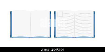 Blank open book, diary, planner isolated. Vector flat illustration of empty book and notebook pages. Top view. Design educational element with copy sp Stock Vector