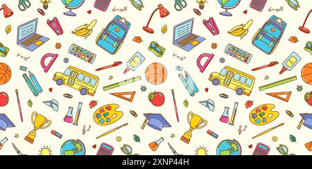Seamless vector pattern of colorful school themed illustrations with educational supplies and tools Stock Vector