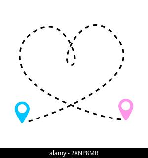 Heart shaped route map. Black dashed lines. Pink and blue markers. Vector graphic. Stock Vector
