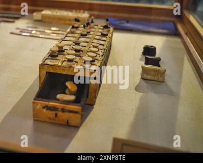 Cairo,Egypt,December 31,2019-A senet board game played in ancient times made with wood and ivory from the Tomb of Tutankhamun,KV62 on display at the Museum of Egyptian antiquities in Cairo,Egypt Stock Photo