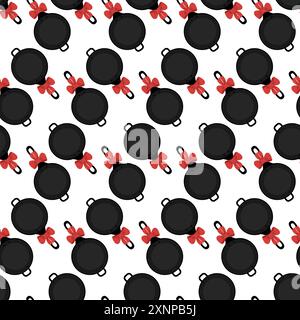 Fry pan with handle and red bow Seamless pattern in cartoon style. Top view. Isolated Background Texture. Vector illustration. Wrapping, wallpaper or web, cards, posters, banner, price, label concept Stock Vector