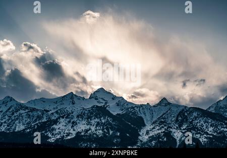 winter storm over the Teton Mountain range in Grand Teton National Park, Wyoming Stock Photo
