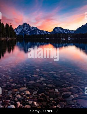 Culter Bay Marina at Sunset with Tetons in background, Grand Teton National Park, Wyoming, USA Stock Photo