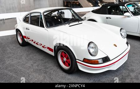 New York City, USA - March 27, 2024: Porsche 911 Carrera RS 2.7 retro supercar car at New York International Auto Show in Manhattan, side corner view. Stock Photo