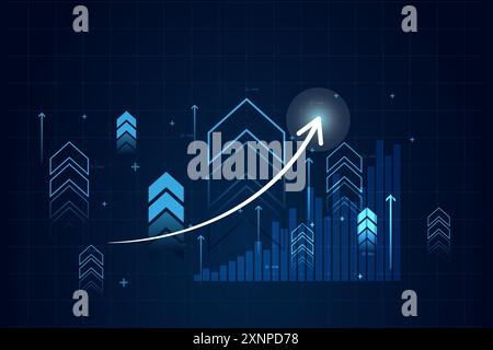Blue abstract financial chart with up trend and arrow line graph in stock market on gradient dark blue color background Stock Vector