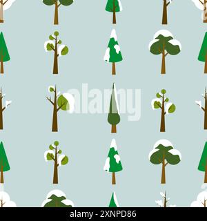 Seamless pattern with winter trees and Chistmas trees pattern, with snow on it and Set of winter trees Stock Vector