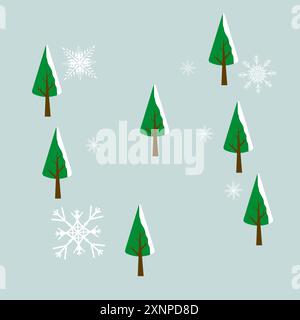 Green Chistmas trees and snow flakes on light blue background, used for spring concept, vector and illustration design Stock Vector