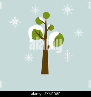 Chistmas trees and snow flakes on light blue background, with snow on it and Set of winter trees Stock Vector