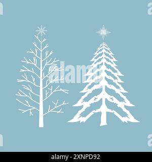Two winter trees and Chistmas trees with snow on isolated blue background Stock Vector