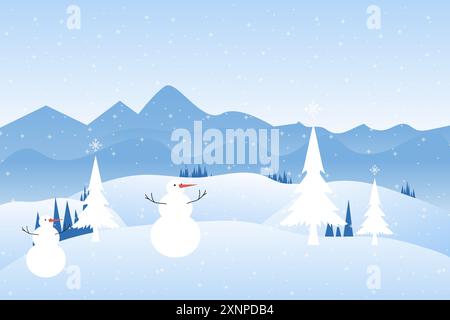Two snowman with ice trees and Winter snowy Mountains landscape with hills and pines, with snowman and winter trees snow on isolated blue background c Stock Vector