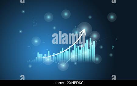 Business and Financial chart with moving up arrow graph and world map in stock market on blue color background vector Stock Vector
