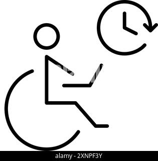 Disabled person in a wheelchair working at laptop and clock. Inclusivity, remote work schedule. Pixel perfect vector icon Stock Vector