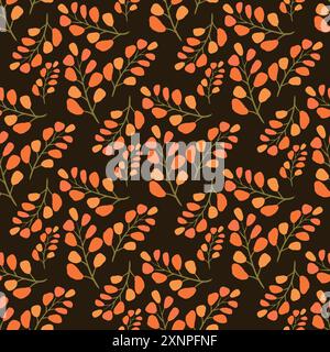 Orange leaves of fall or autumn seamless pattern on a dark brown background for textile or fabric printings, table clothes, curtains, wrapping paper Stock Vector