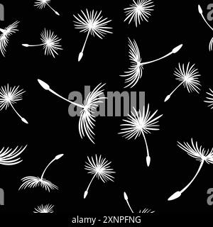 Fluffy white dandelion flowers seamless pattern on black background for fabric and textile prints, wallpaer, wrapping paper and other prints Stock Vector