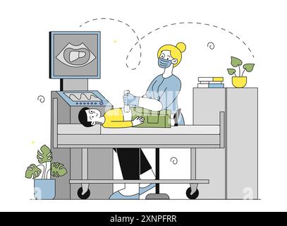 Boy on ultrasound. Woman in medical uniform examines child. Diagnosis and treatment. Schoolboy in hospital. Health care and medicine. Linear vector Stock Vector